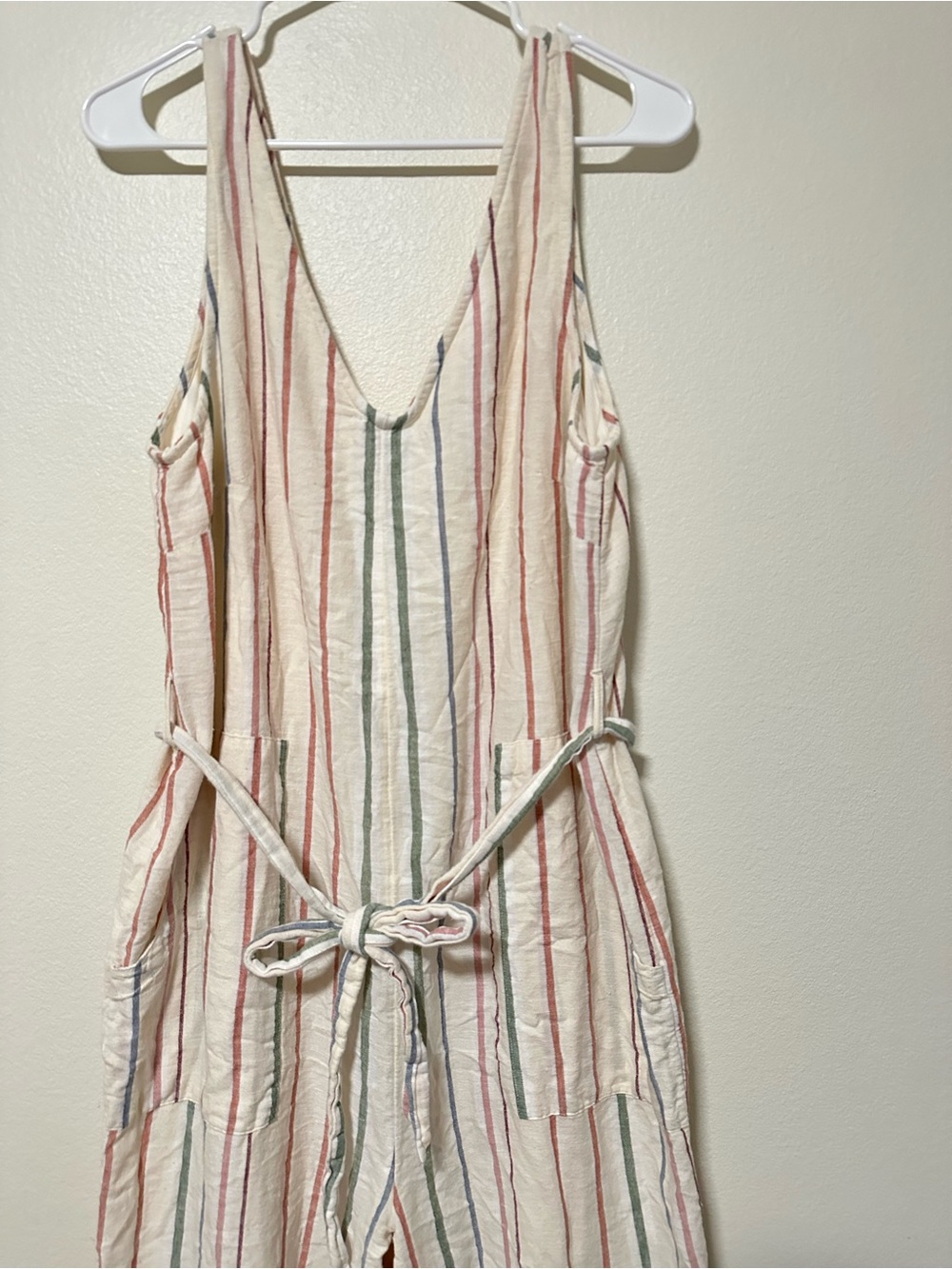 American Eagle Women's Cream Striped Wide-Leg Cotton Linen Blend Jumpsuit - Picture 4 of 6